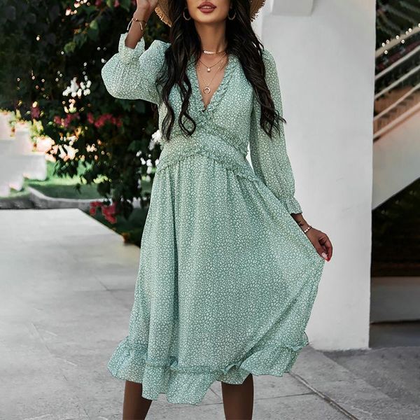 

ruffle deep v midi chiffon dress woman autumn long sleeve high waist polka dot dresses for women hawaii beach sundress d30 casual, Black;gray