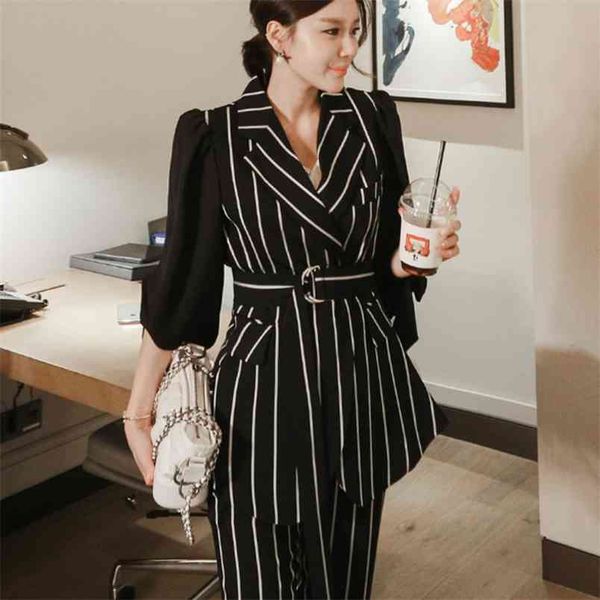 

spring autumn fashion striped korean work two piece set women blazer jacket & pencil pants suits business ol outfits 210514, White