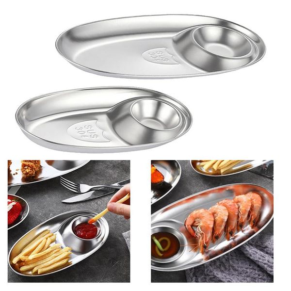 

dishes & plates tableware salad oval plate with sauce western fries fried chicken stainless steel snack divided grid