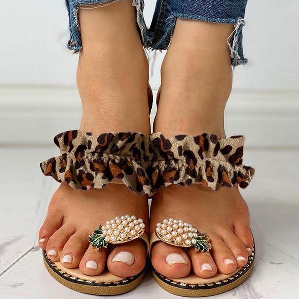 

women summer leopard print slides outdoor casual womens pineapple pearl flat sandals fashion beach ladies slippers, Black