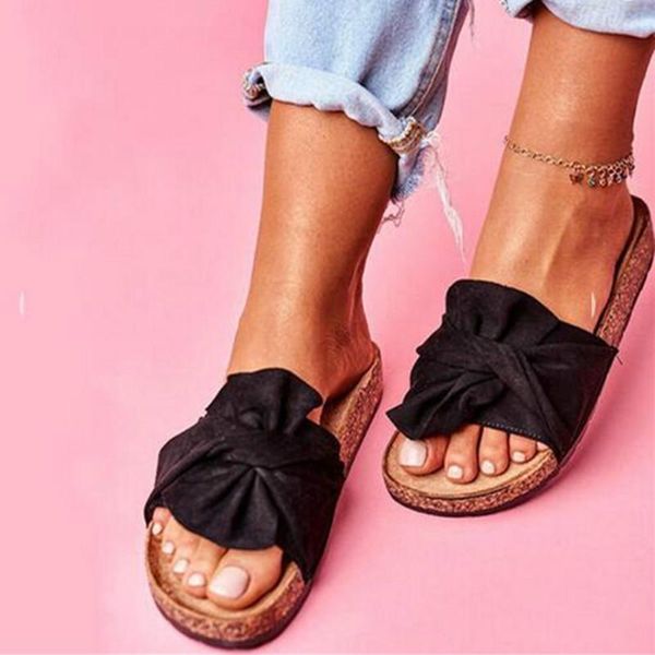 

slippers women slides summer bow sandals bow-knot with thick soles platform female floral beach shoes, Black