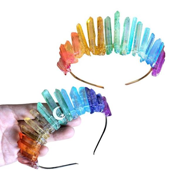 

hair clips & barrettes raw crystal quartz crown headband handmade rainbow colorful stone jewelry tiara hoop ethnic bohemian wedding party c1, Golden;silver