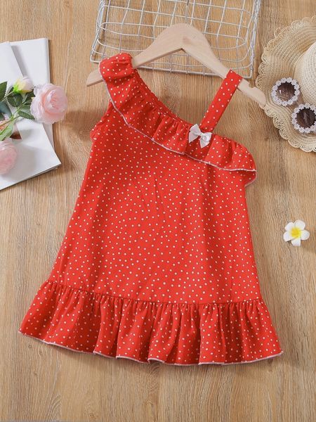 

toddler girls polka dot print asymmetrical neck ruffle trim dress she, Red;yellow