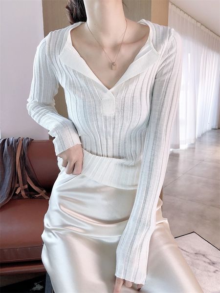 

sweater spring cut deep v slim silk wool cashmere knit 9jmg, White;black