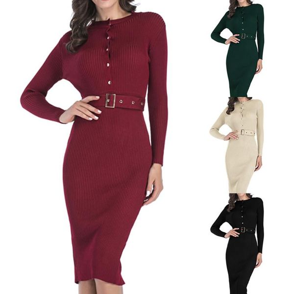 

casual dresses vestidos mujer 2021 winter ladies fashion solid slim long sleeve button back split sweater dress elegant black, Black;gray