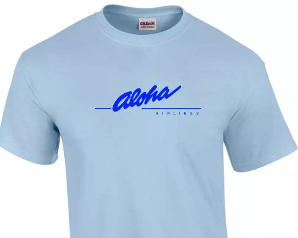 

aloha airlines blue retro logo shirt hawaiian airline sky blue cotton t-shirt, White;black