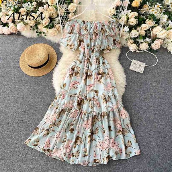 

summer bohemia chiffon dress women ruffles off the should beach dresses ladies floral printed midi robe vestidos 210525, Black;gray