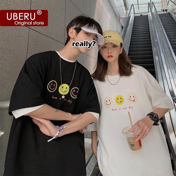 

women's t-shirt drew smile short-sleeved ins hip hop men and women five-point sleeve letter couple loose large size half shirt, White