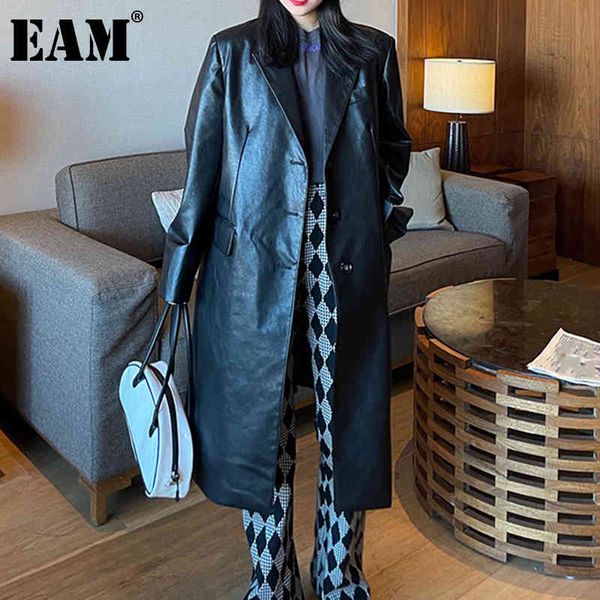 [EAM] Donna Nero Big Size PU Pelle Trench Risvolto Manica lunga Loose Fit Giacca a vento Moda Primavera Autunno 1DD6435 21512