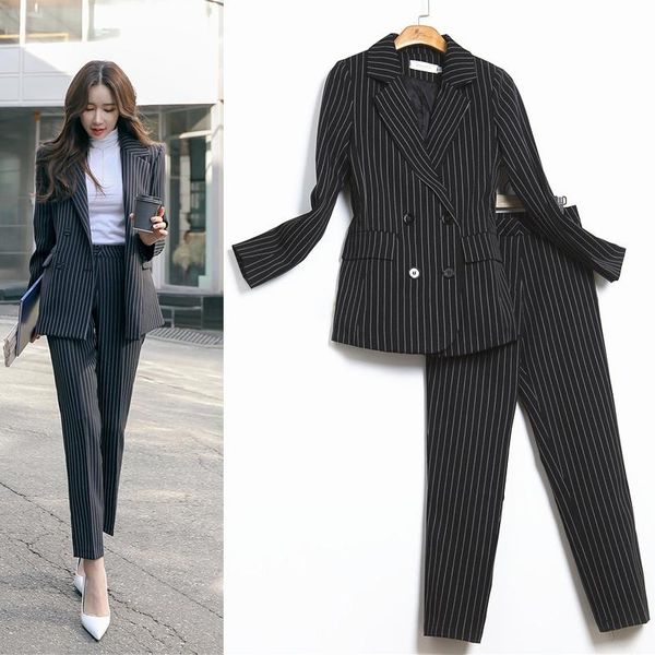 

woman suits lady suit office female fashion spring striped temperament slim commercial ol professional two-piece women's two piece pant, White