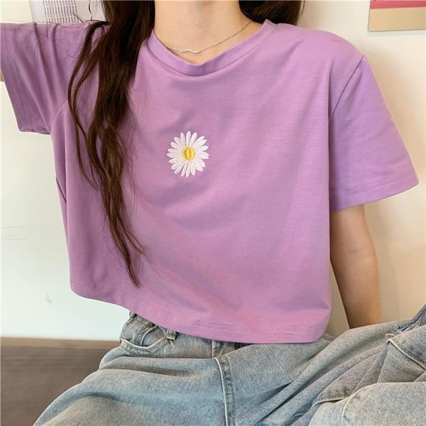 

summer solid daisy embroidery crop womens short sleeved loose cropped, White