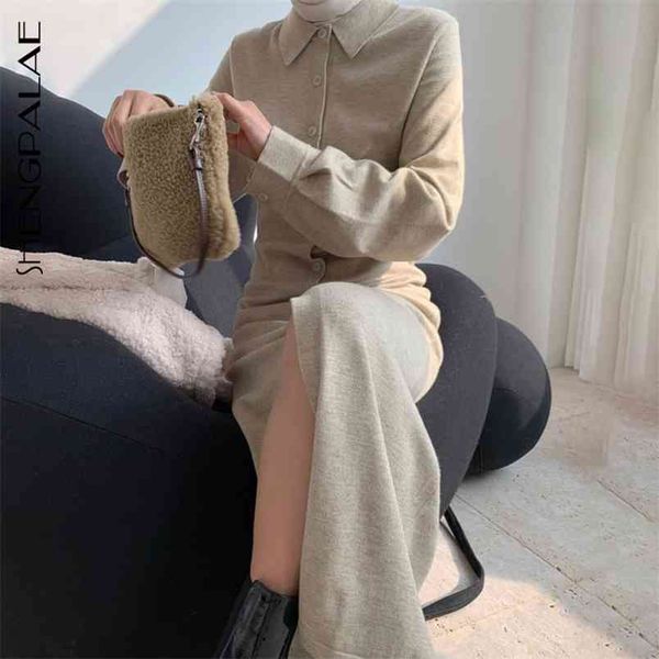 

winter women's loose casual lapel solid color long sleeve single breasted mid-calf knitting sweater dress 8d833 210427, Black;gray