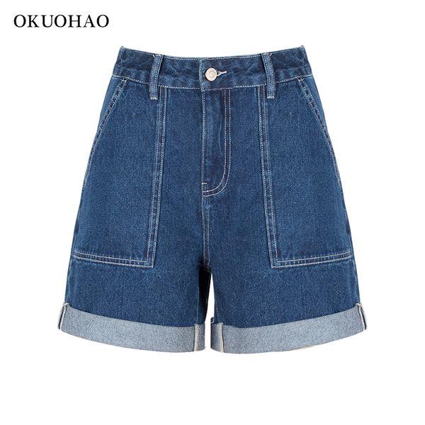 

okuohao 2021 summer high waist women shorts female casual denim pants cuffed hem straight jeans wide leg mom blue slim short new
