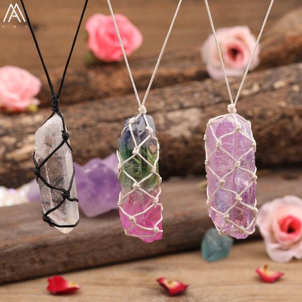 

chains titanium ab natural quartz stone point pendant braided handmade necklace women boho wrapped crystal beads jewelry gift, Silver