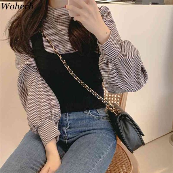 

korean chic two pieces set women stand collar plaid shirt blouse + knitted sleeveless vest autumn cute elegant suit 210519, White