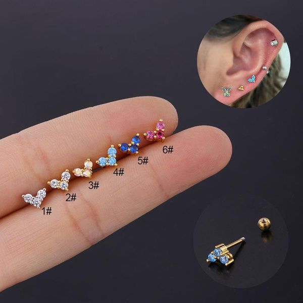 

korean stainless steel piercing heart earings studs for women trend jewelry color zircon mini cute earrings screw back stud, Golden;silver