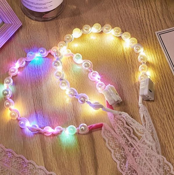 

party decoration 1pc lace ribbon veil luminous headband fairy lights light up female tie pearl headdress wedding xmas