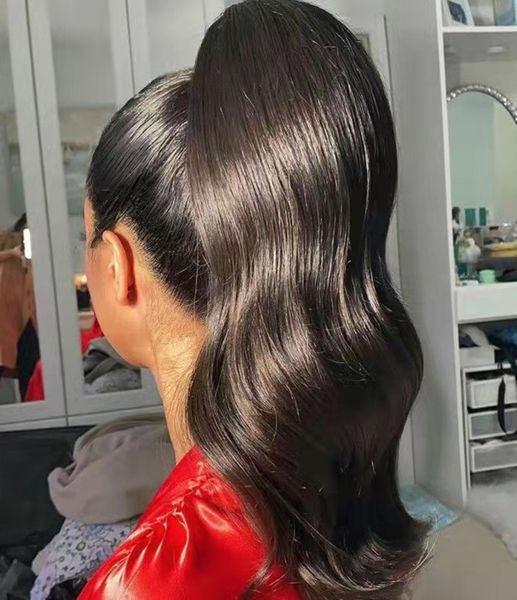 Vücut Dalga İnsan Saç At Kuyruğu Wrap İpli Doğal Postiş Siyah Kadınlar Için Sihirli Pasto Ponytails Malezya Remy Dalgalı Klip Saç Uzantıları