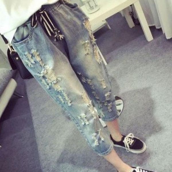 

women's jeans 2021 autumn spring women ripped boyfriend pants fashion loose high waist denim trousers mujer w11, Blue