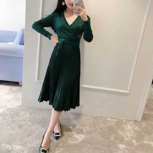

casual dresses spring autumn elegant shiny a-line lady sweater women long sleeve v-neck midi femaleglitter ol luxury knit es 3le2, Black;gray