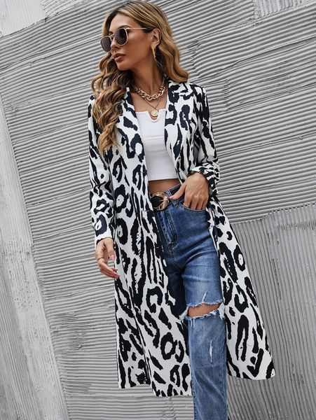 

leopard print lapel neck overcoat s7vq#, Black