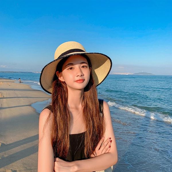 

wide brim hats women's sunshade brims hat summer trendy beach sun bows outdoor casual sunscreen straw, Blue;gray