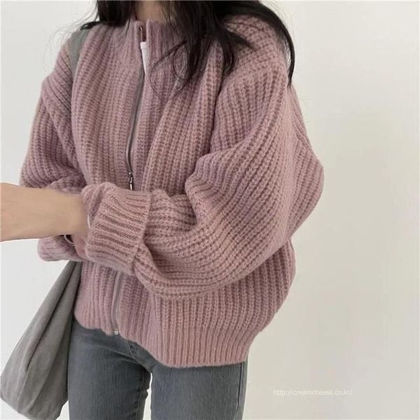 

women's knits & tees sweaters women solid o neck puff long sleeve zipper cardigan cropped autumn winter knitted coat loose outwear pull, White