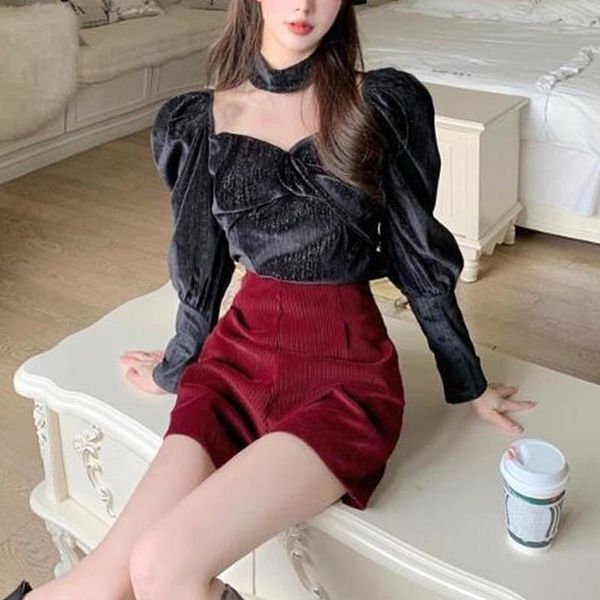 

women's blouses & shirts france elegant vintage famales korean style square collar long sleeve women velvet solid ladies 2021 spring, White