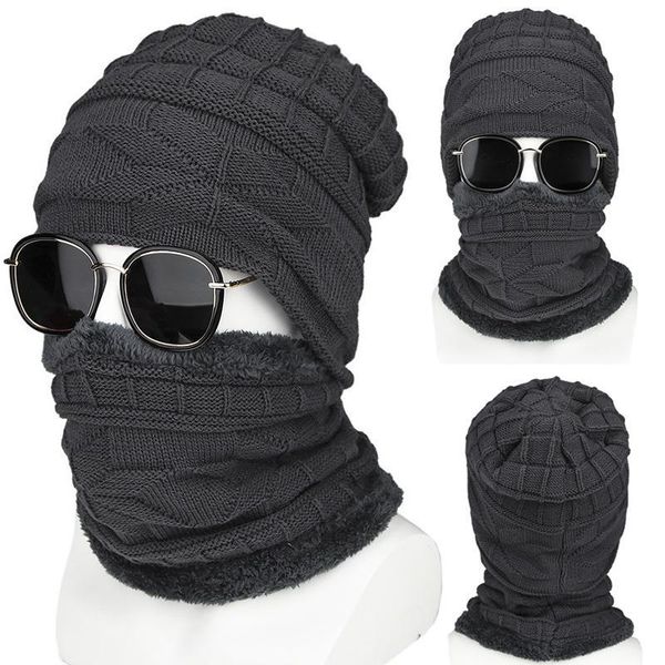 

hats, scarves & gloves sets 2021 brand solid color knit beanies hat scarf plus velvet winter man woman warm thicken hedging cap ski soft, Blue;gray