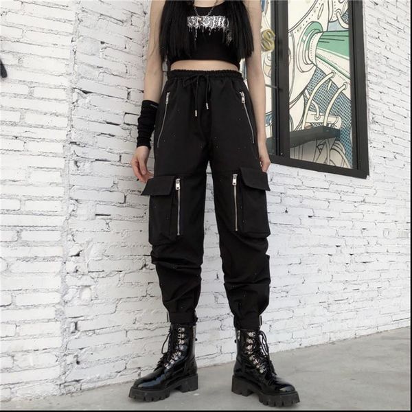 

cool big pockets zippers hip womens capris hop cargo loose casual gothic black trousers drawstring punk sweatpants, Black;white