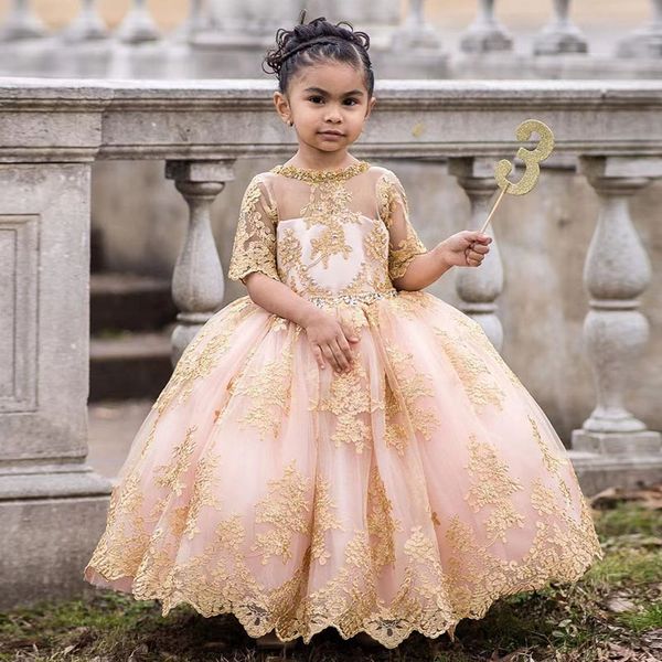 2022 Rosa Gold Spitze Blumenmädchenkleid Kurze Ärmel Prinzessin Mädchen Kleider für Party Festzug Kinder Kleider Informelle Kleidung