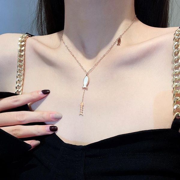 

chains oeny trendy with the same design sense fishbone tassel titanium steel necklace female super fairy fashion temperament clavicle c, Silver