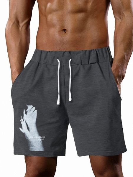 

men letter & gesture print drawstring waist shorts 32kh#, Black