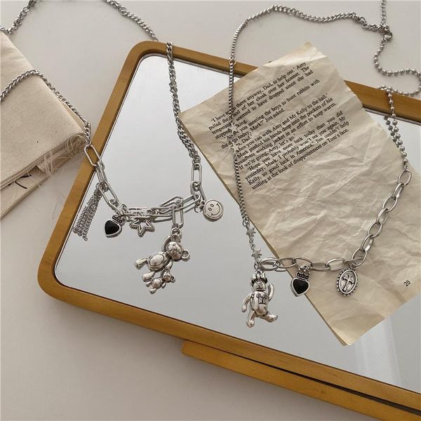 

vintage cartoon animal bear black heart pendant necklace for women silver color linked chain cross star smile chokers necklaces