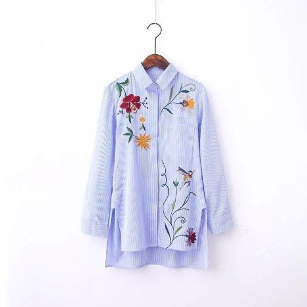 

women's blouses & shirts europe and the united states women clothing long sleeve lapel embroidery striped shirt fashion casual loose b, White