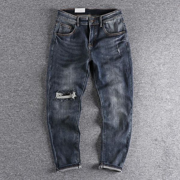 

men's jeans 2021 autumn fashion hole slim fit cropped blue elastic casual leggings trouser 516