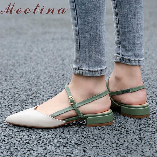 

meotina shoes women low heels slingbacks pumps pointed toe square heel shallow footwear summer shoes female green large size 43 210608, Black