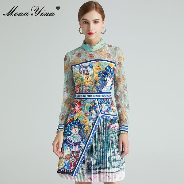 Mode Designer Kleid Frühling Damen Kleid Mesh Langarm Lolita Stil Anime Print Plissee Kleider 210524