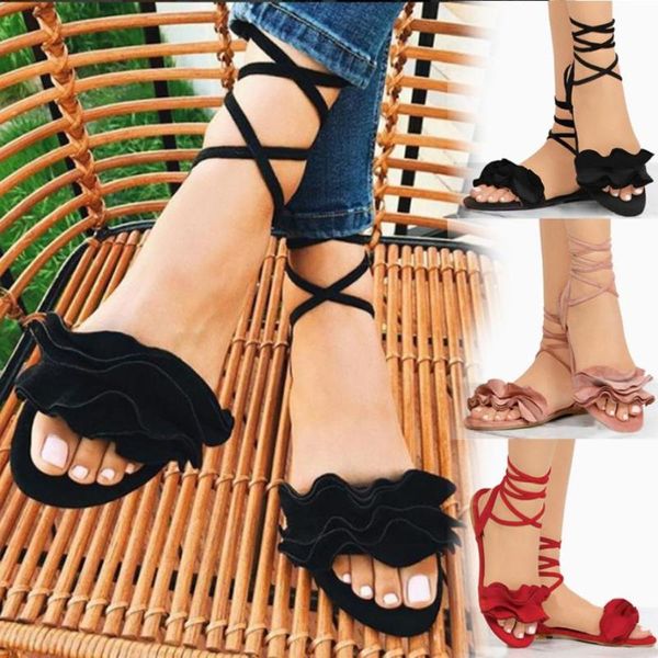 

women shoes sandals solid color ruffles round toe flat heel cross tied rome summer drop, Black