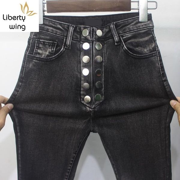 

women's jeans fashion women high waist button denim retro slim fleece lining pencil pants female skinny trousers streetwear, Blue