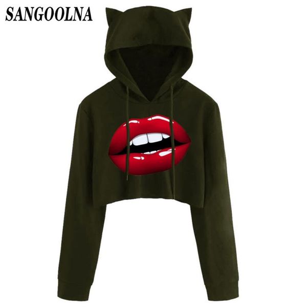 

women's hoodies & sweatshirts harajuku long sleeve cropped sweatshirt friends crop hoodie red lips printed cat ear hooded pullovers wom, Black