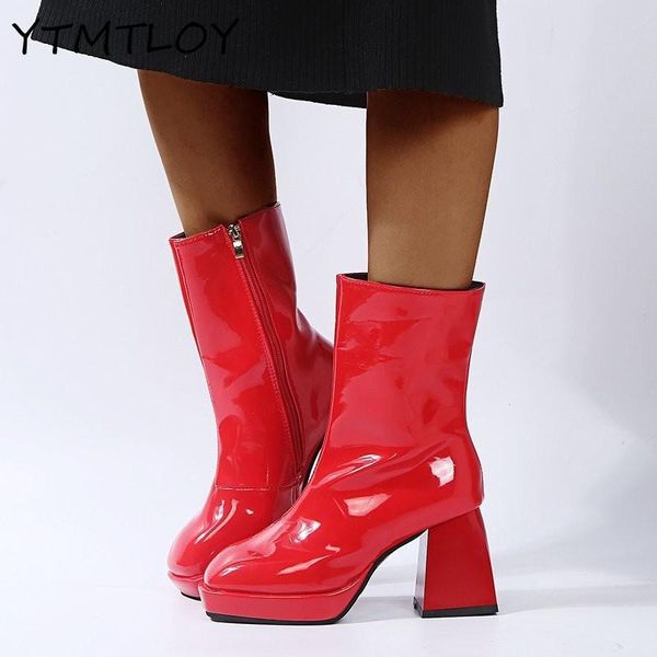 

boots 2021 fashion fall women's shoes ladies thick-soled square heel pu prom chunky high zapatos de mujer, Black
