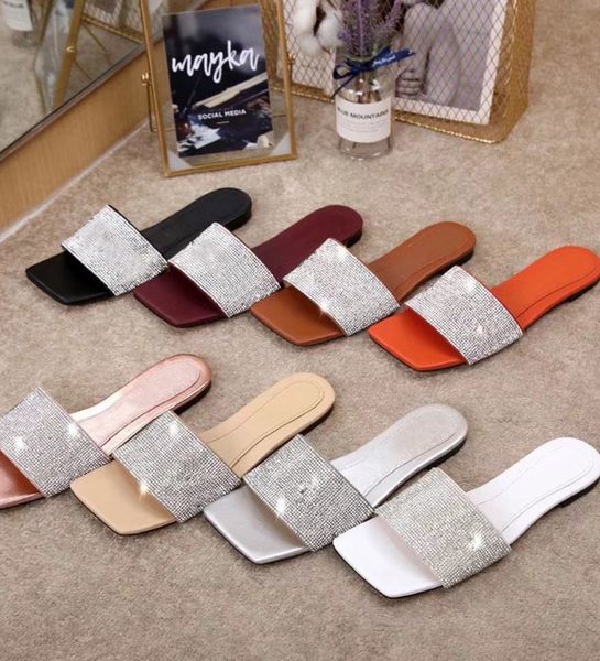 

designer classic ladies sandals fashion designer flat slippers slippers diamond genuine leather ladies sandals, Black