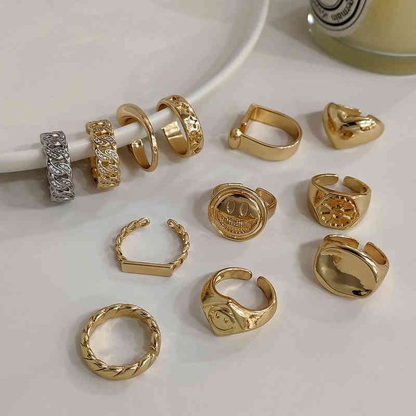 

band flatfoosie vintage smiley face wide opening for women gold brass chunky twisted chain geometric rings gothic punk jewelry, Silver