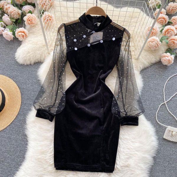 

casual dresses improved cheongsam young heart machine perspective sequin mesh velvet dress french temperament waist bag hip, Black;gray