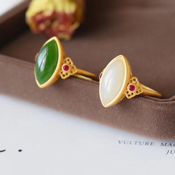 

cluster rings chalcedony ring charm jewelry hetian jade agate 925 silver natural carved amulet gifts for her women, Golden;silver