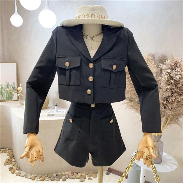 

women's tracksuits niche design clothing 2021 autumn fashion suit short jacket + high waist wide leg shorts two-piece, Gray