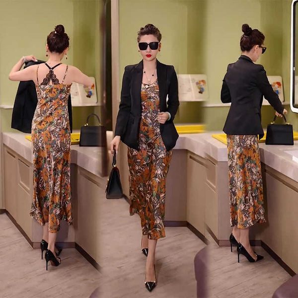 

spring and summer suspender floral drs long skirt with fashion two piece suit high grade floral, Black;gray