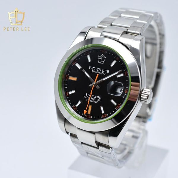 

wristwatches brand peter lee 40mm men's watch luxury automatic day date watches stainless steel mechanical wrist gifts, Slivery;brown