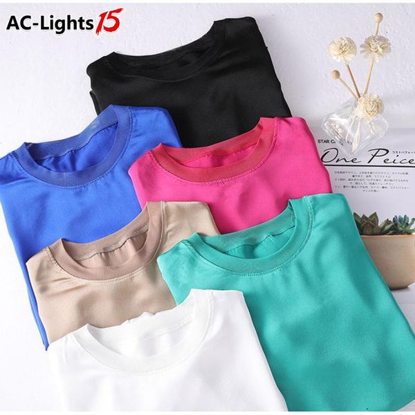 

women's blouses & shirts summer blouse with short sleeves elegant white o-neck satin silk basic green chiffon shirt 2021 for women